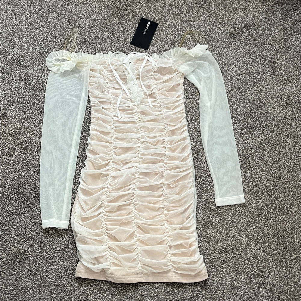 Fashion Nova White and Cream Mesh Dress